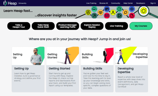 The HeapU homepage, powered by Skilljar 