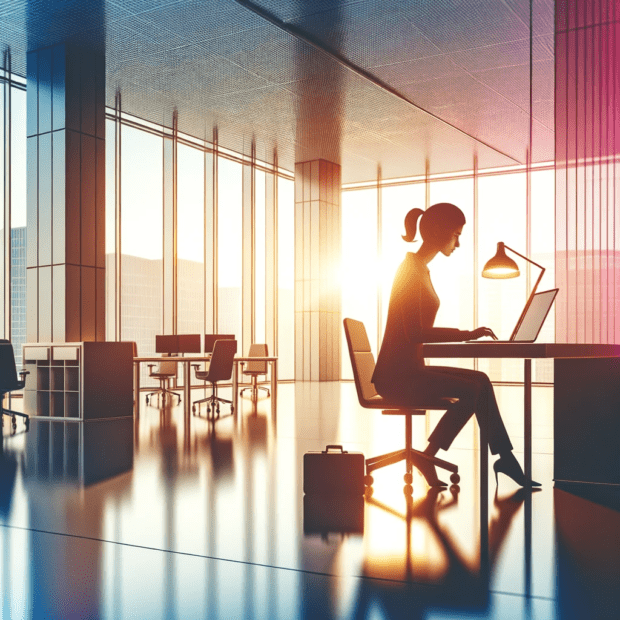 Silhouette of a woman engaged in a laptop in a bright, modern tech office.